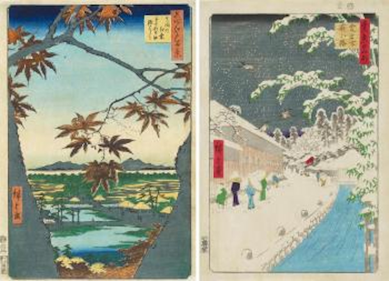 Blatt: Mama no momiji, Tekona no yashiro tsugihashi (Der Mama Ahornbaum, Tekona Schrein und Brücke) (1); Blatt: Atagoshita, Yabu-kôji (Die Yabu Straße unterhalb von Atago) (2) by Utagawa Hiroshige