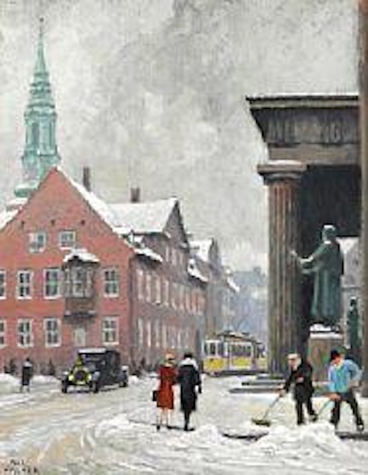 Winter day in Nørregade at the Bishop's House (Bispegården) and the entrance to the Cathedral of Copenhagen (Vor Frue Kirke). In the background Saint Petri's church tower by Paul Fischer