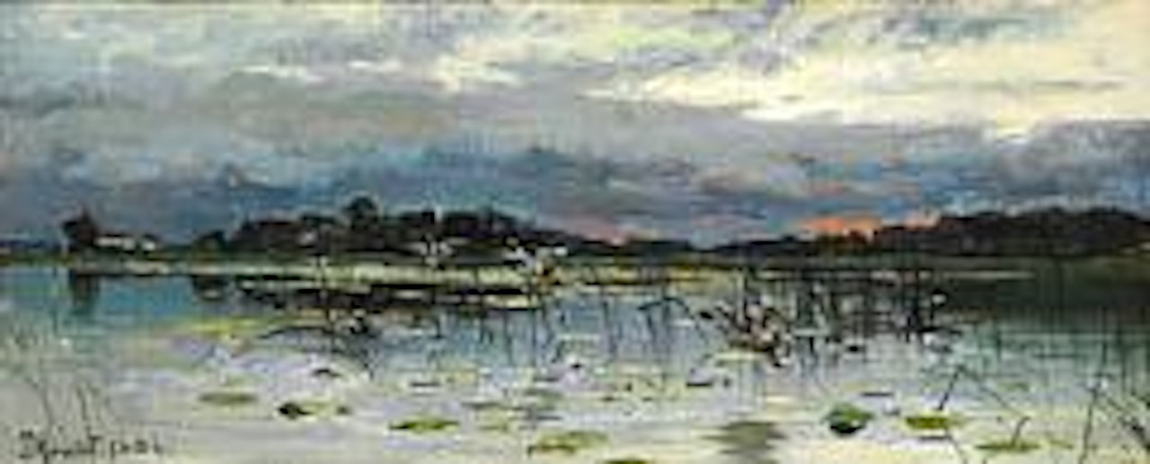 Flyvende Ænder over en Sø.  Aften by Peder Mork Monsted