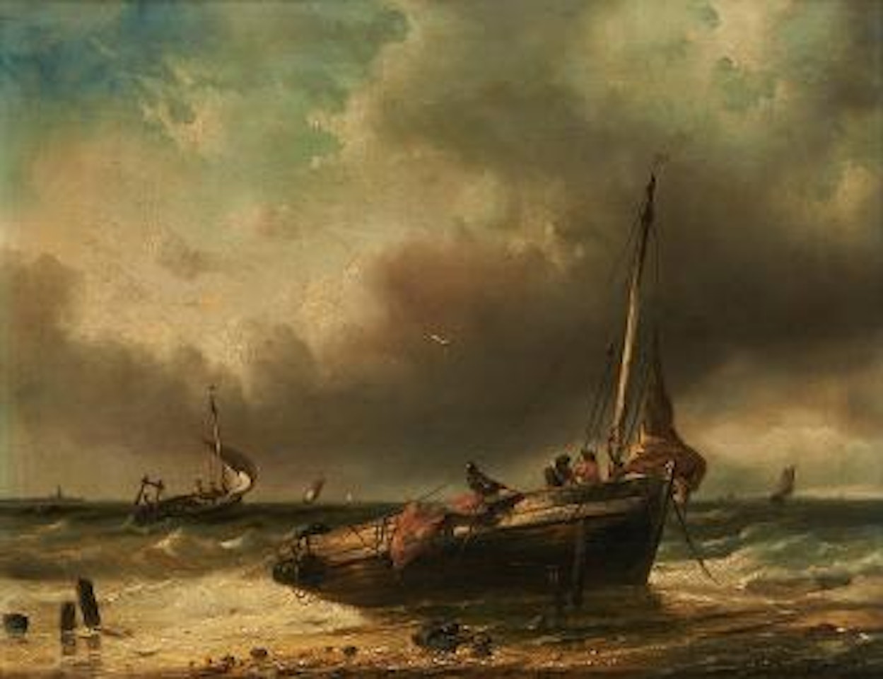 Retour de barque de pêche sur la plage by François Etienne Musin