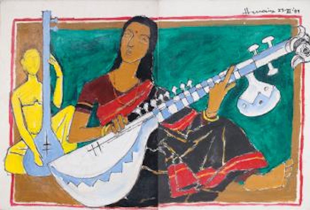 Lady playing a Veena by M.F. Husain