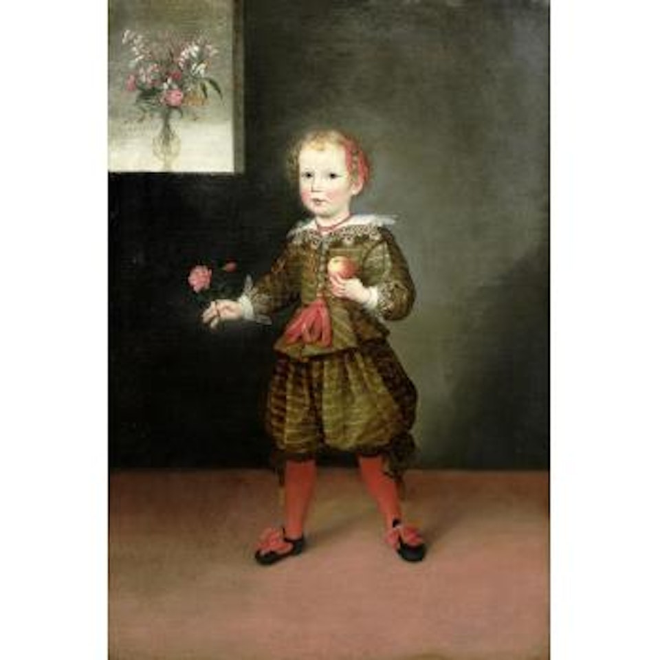 Portrait of a boy, full-length, in a green doublet and hose, holding a rose and an apple by Pier Francesco Cittadini