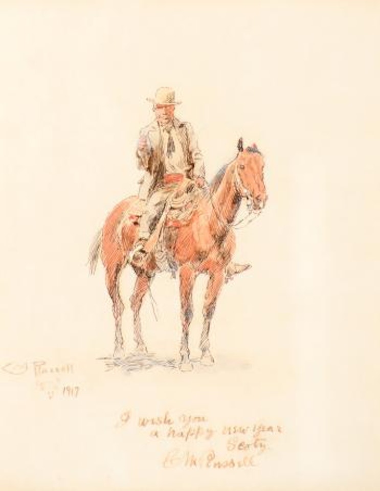 Happy New Year, Scoty [or] Self Portrait on Red Bull (1917) by Charles M Russell