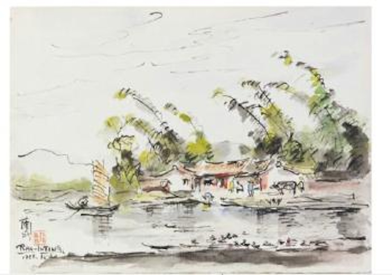 Figures in a river landscape by Ran In-Ting (Lan Yinding)
