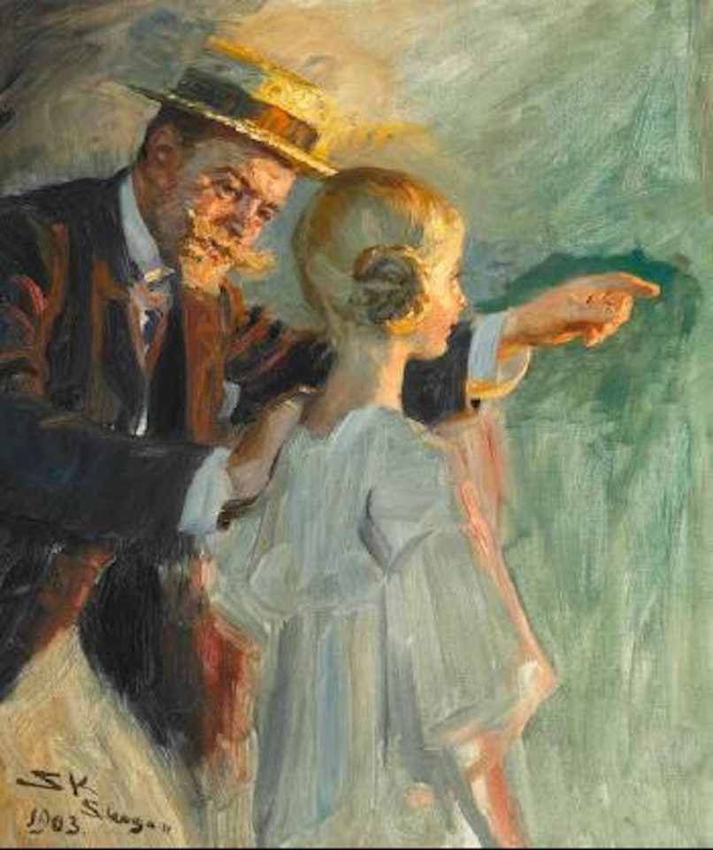 The painter's daughter Vibeke and his brother-in-law Valdemar Triepke at the bonfire on the beach Midsummer Eve, Skagen by Peder Severin Kröyer