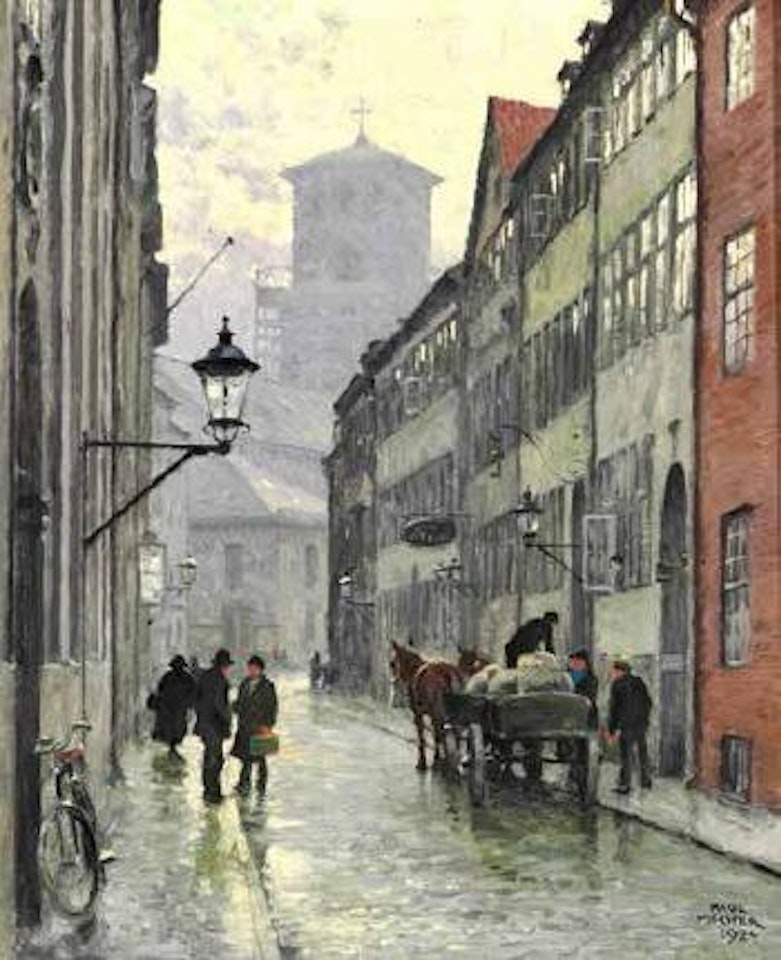 Street life on store Kannikestræde with vor frue kirke in the background by Paul Fischer