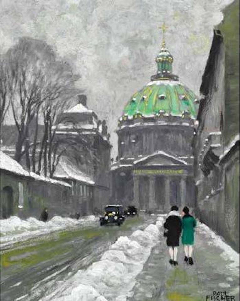 A winter day on Frederiksgade with Marmorkirken (the Marble Church) in the background by Paul Fischer