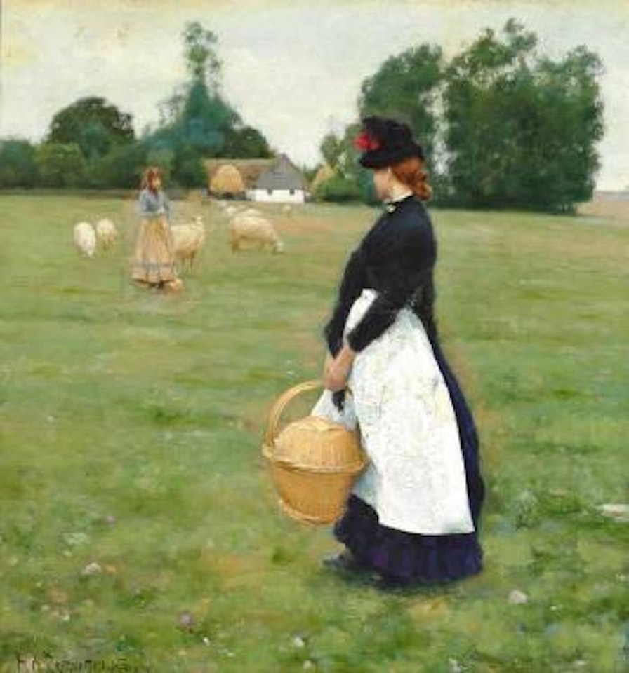 greet each other in a field in front of a farm by Hans Andersen Brendekilde