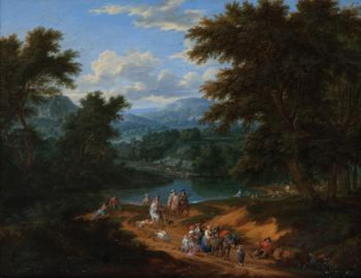 Paysage méditerranéen animé de chevaliers et de personnages retournant du marché by Adriaan Boudewyns by Pieter Bout