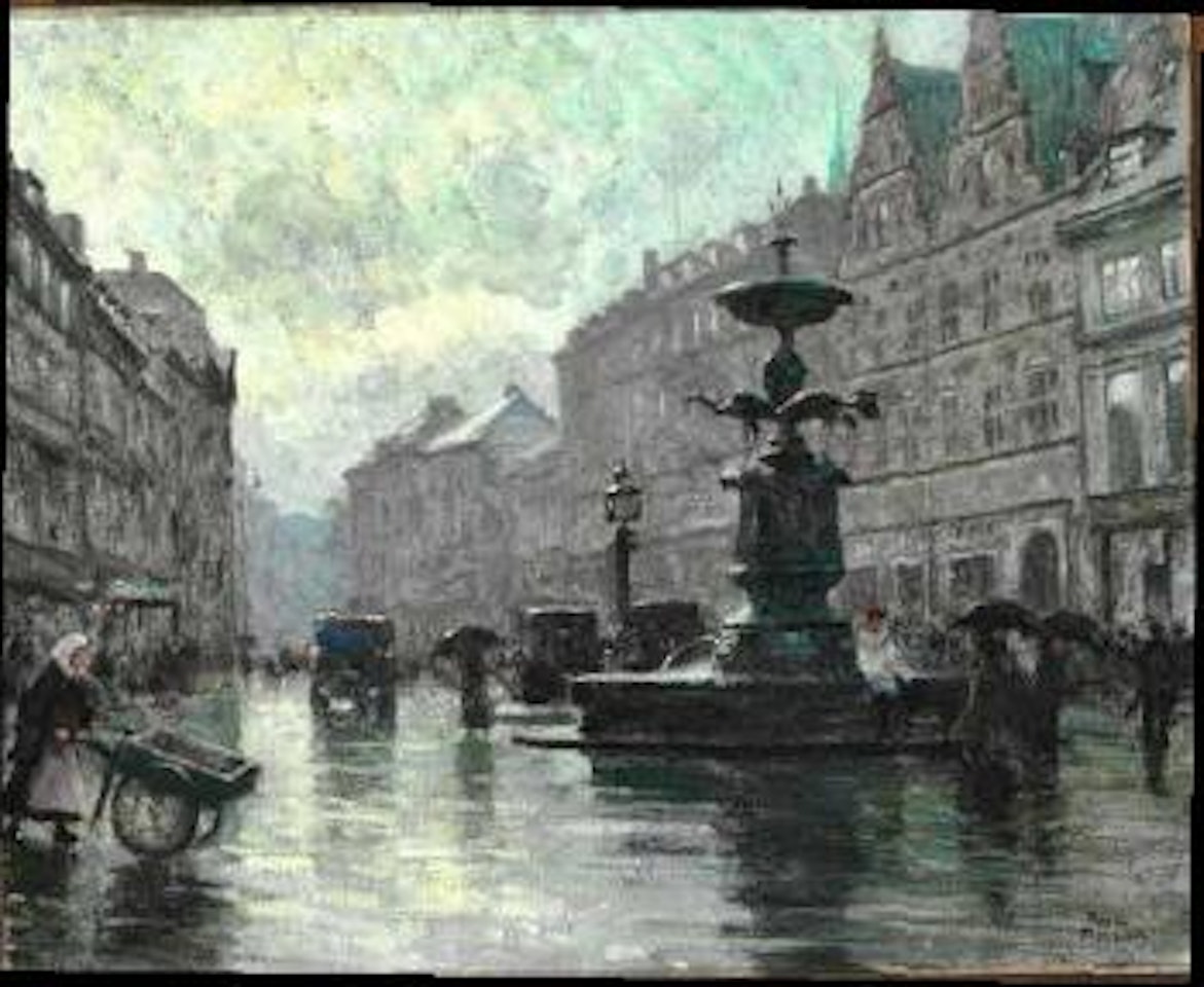 A rainy evening on Amagertorv at Storkespringvandet (the Stork's Fountain) by Paul Fischer