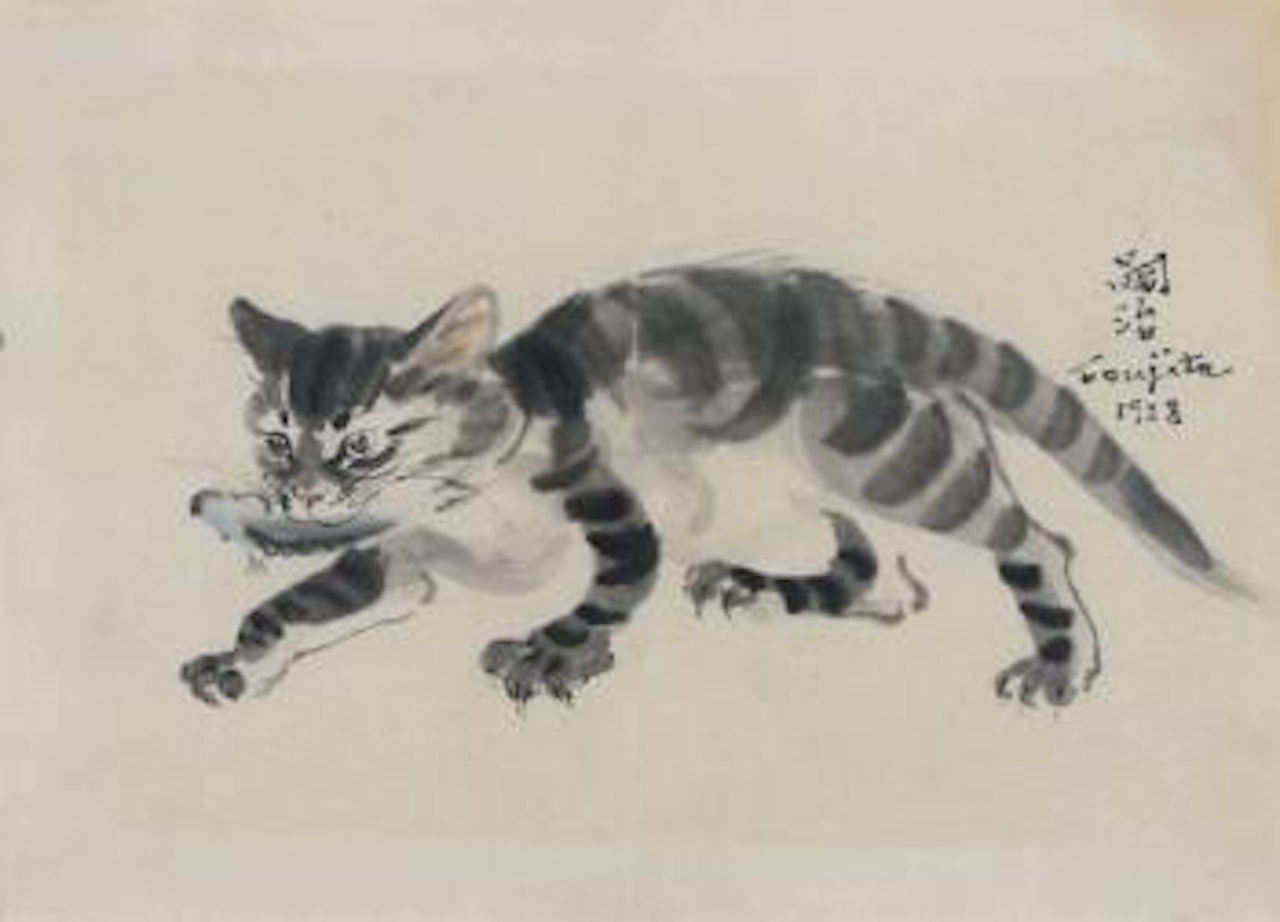 Chat tenant un poisson dans la gueule by Leonard Tsuguharu Foujita