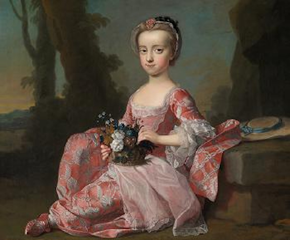 A Portrait of a Young Girl Sitting in a Park Holding a Basket of Flowers by Thomas Hudson