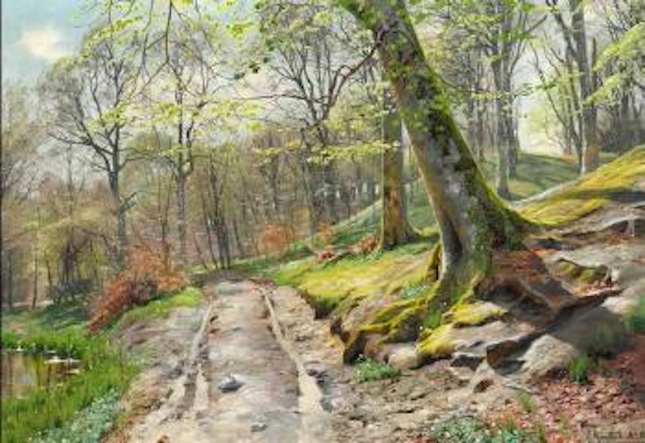 A spring day in the forest with blooming anemones by Peder Mork Monsted