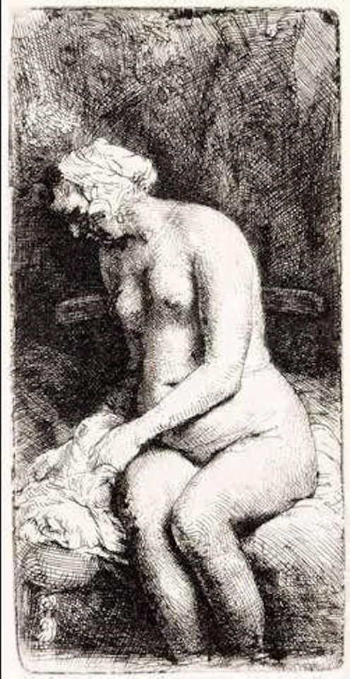 Woman bathing her feet at a brook by Attributed to Rembrandt Harmensz van Rijn
