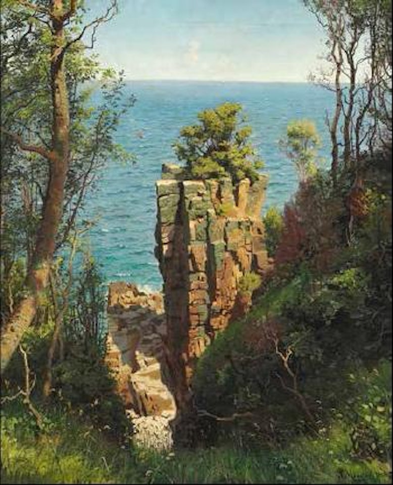 Coastal scene with 'Helligdomsklipperne', Bornholm by Peder Mork Monsted