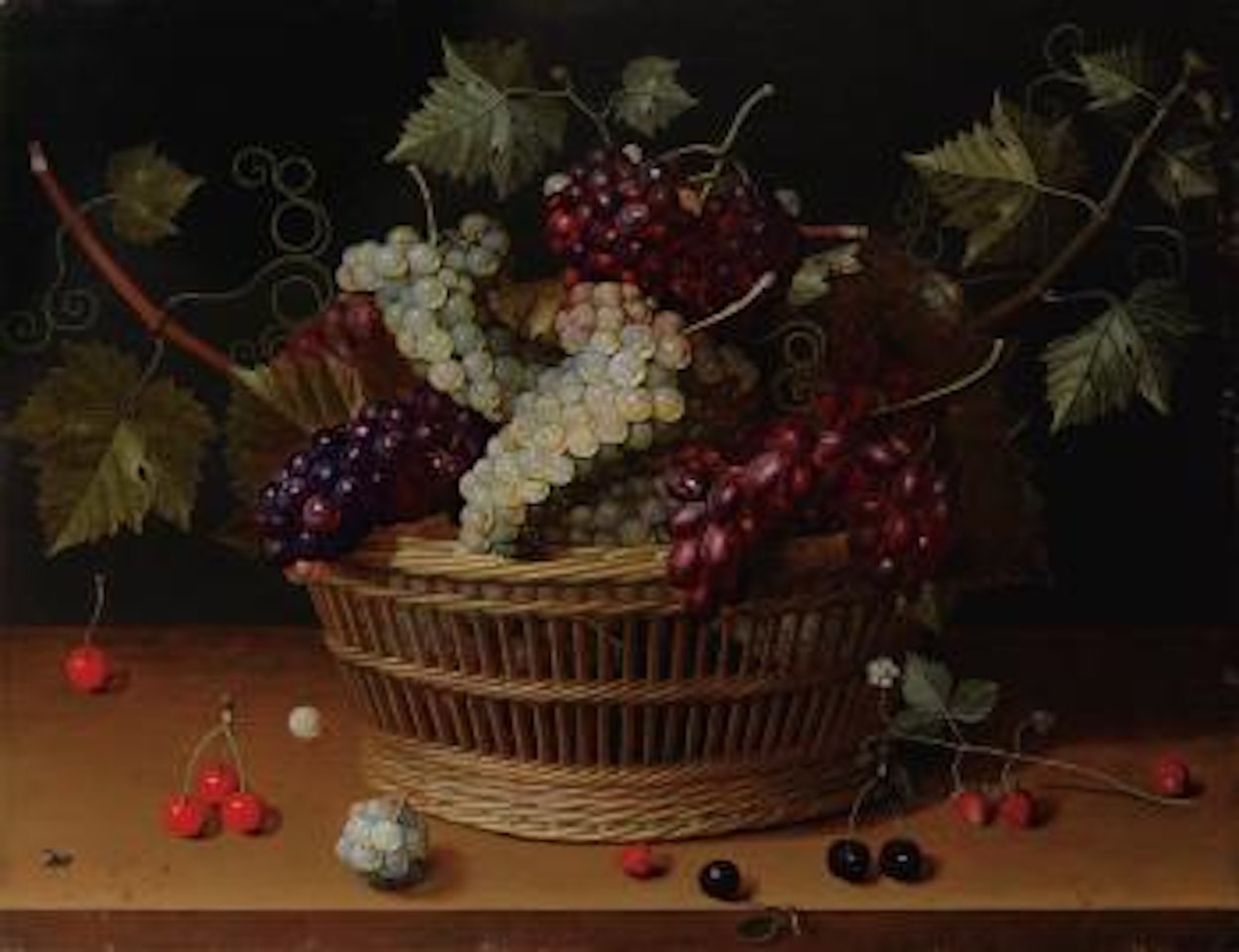 Nature Morte À La Corbeille De Raisins, Cerises Et Branche De Fraisier Sur Un Entablement by Isaak Soreau