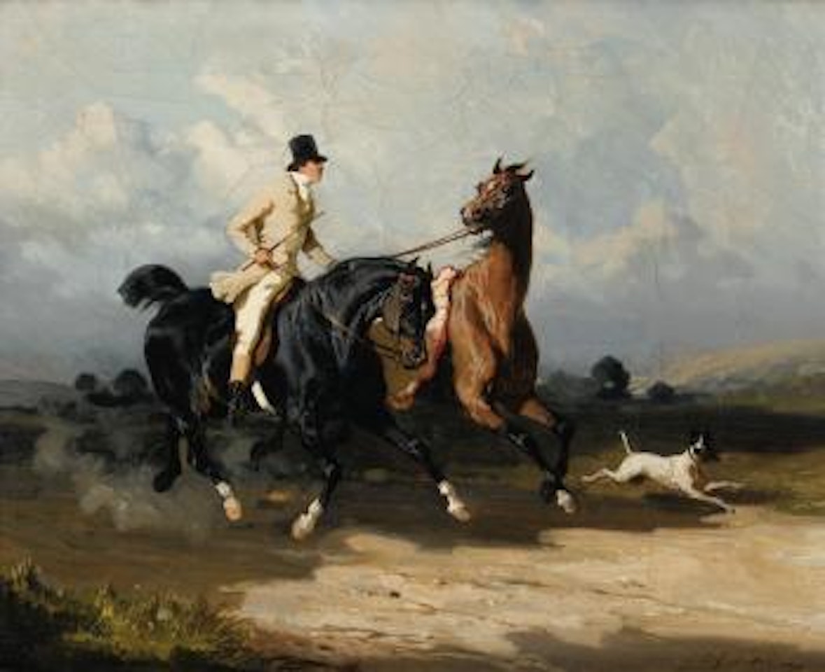 Deux Chevaux Au Galop, L'un Monté Par Un Cavalier En Habit Blanc, Un Chien Les Précédant by Alfred de Dreux