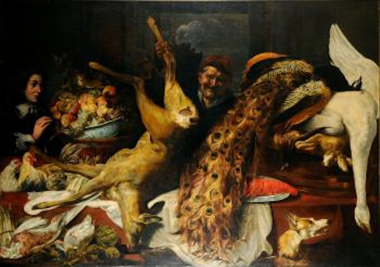 Nature morte avec personnage, biche, lièvre et chien by Flemish School