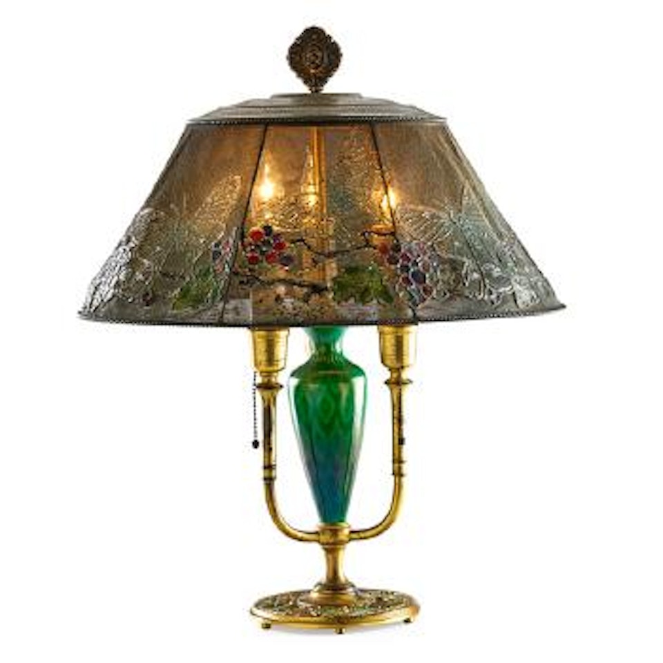 Adjustable table lamp with enameled base, mesh shade with butterflies and grapes by Tiffany Studios