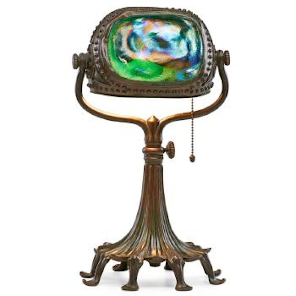 Fine early desk lamp with Turtleback shade and adjustable base by Tiffany Studios