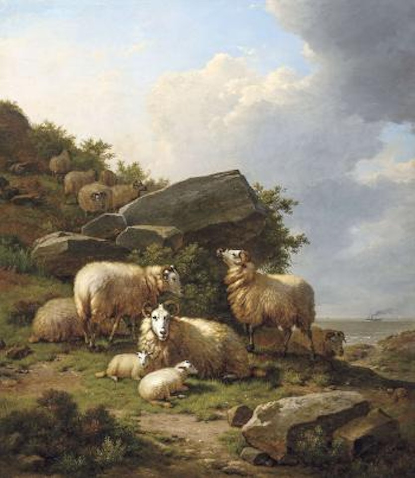 Sheep and lambs resting by the coast by Eugène Joseph Verboeckhoven