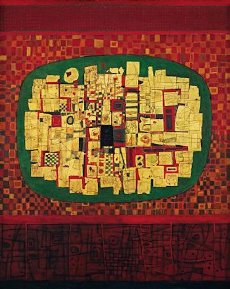 Red, green and gold construction by Cheong Soo Pieng