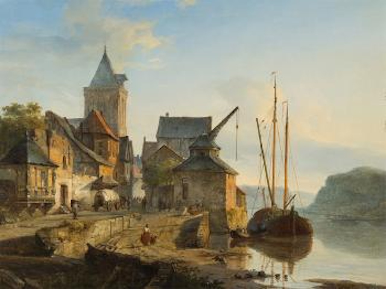 Barge on a Rhine Harbor by Cornelis Springer