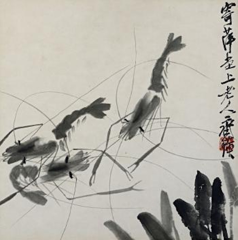 Three Shrimps and Sagittaria leaves by Qi Baishi