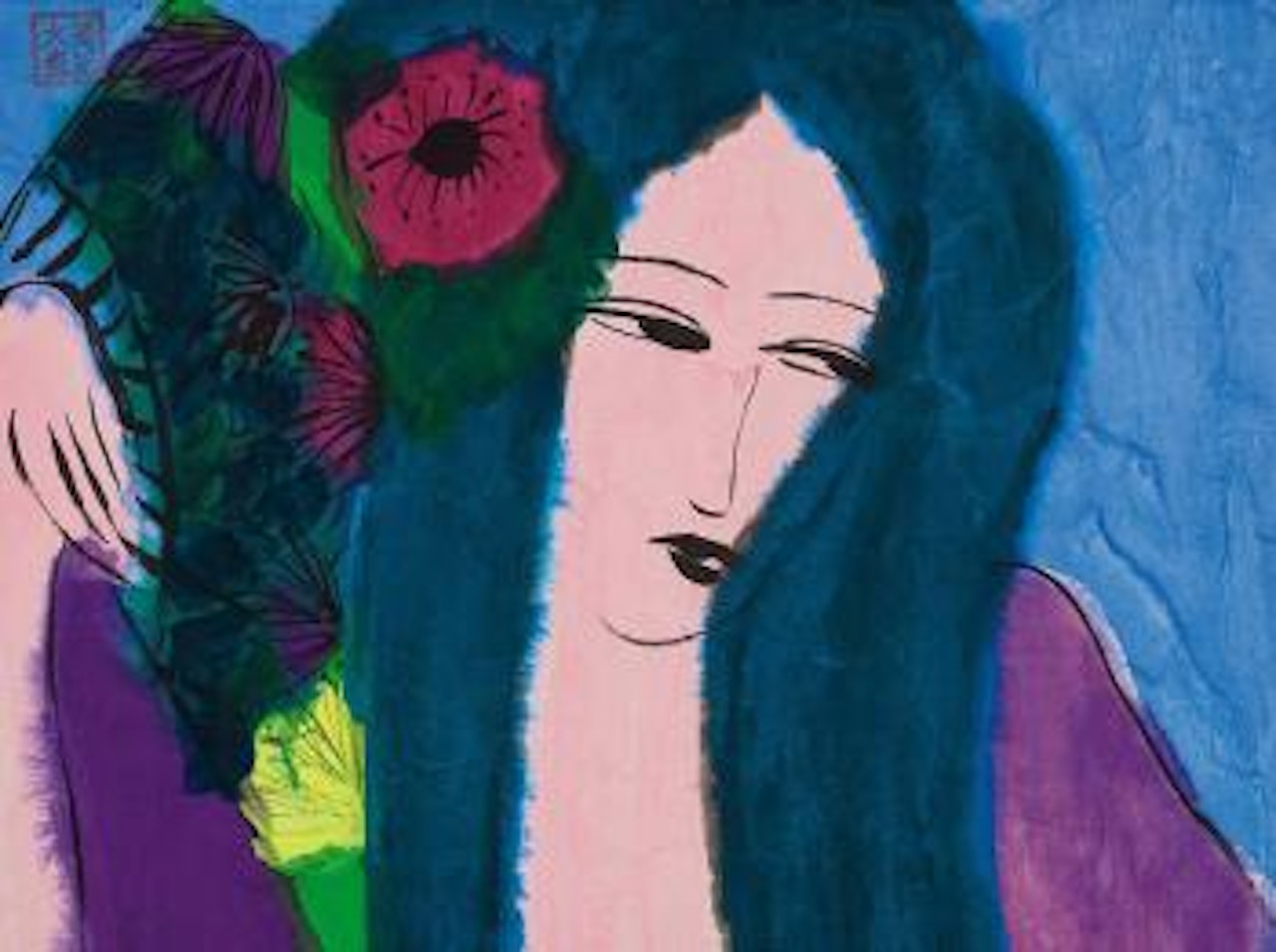 Girl with flowers by Walasse Ting