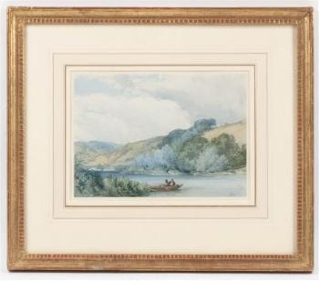 A boat on a river near a bridge by William Callow