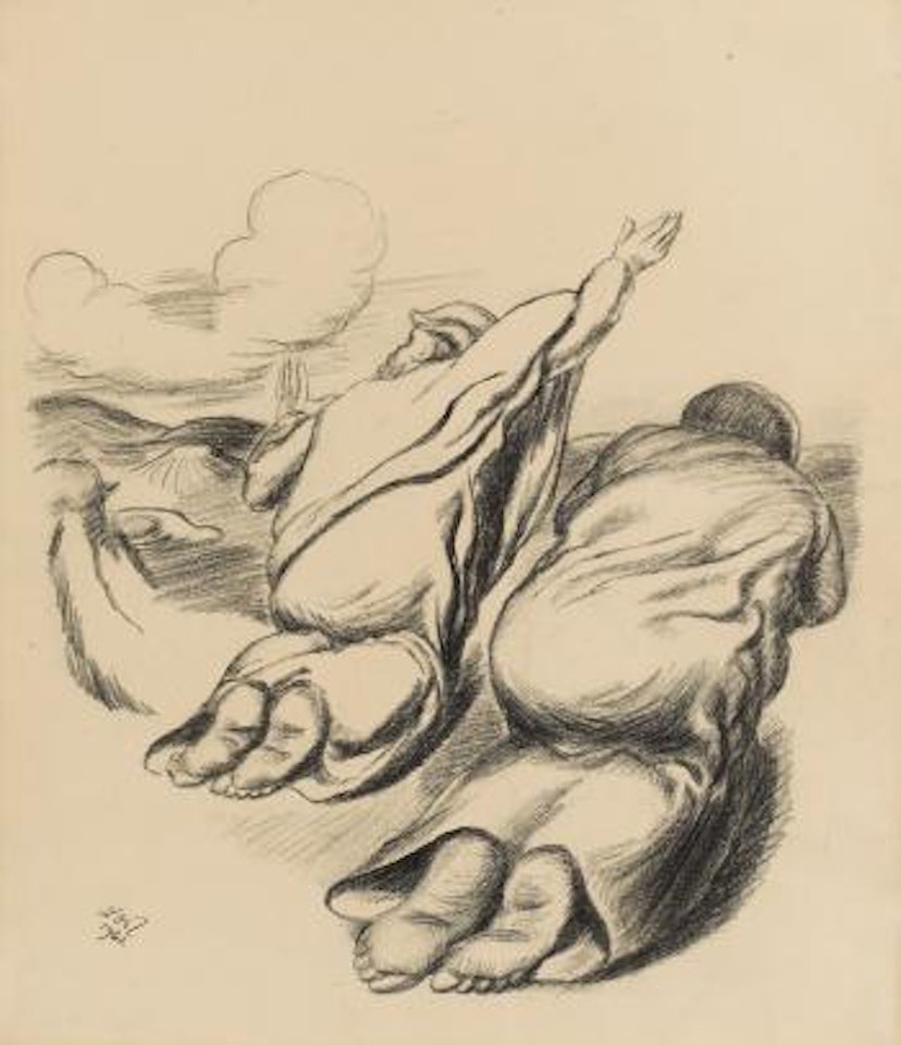Zwei kniende Figuren/Rückenansicht bzw. Zwei Figuren in der Landschaft by Ludwig Meidner