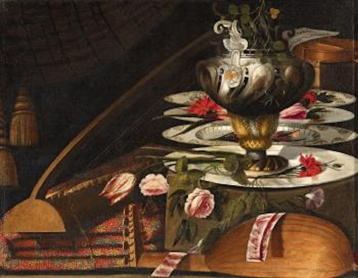 Still Life with Musical Instruments, a Vase, Carpet and Flowers by Italian School