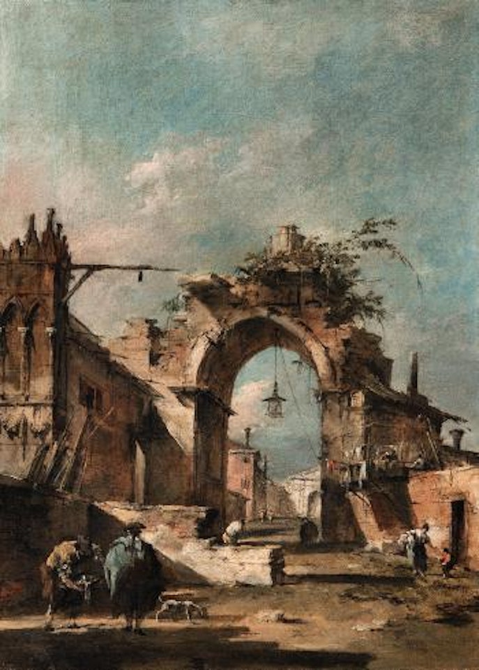 Capriccio con Arco rovinato e mura di paese by Francesco Guardi