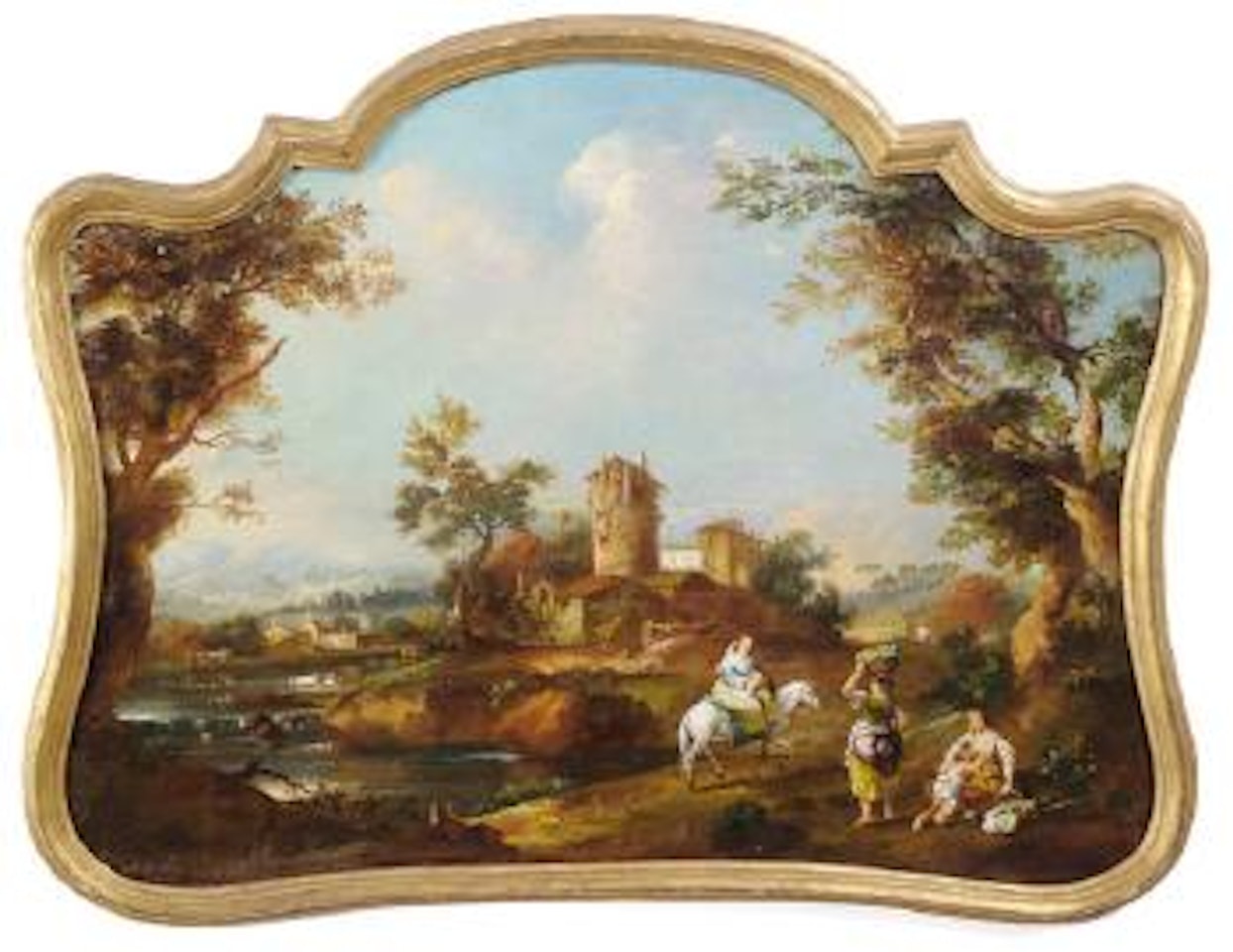 Flusslandschaft mit Architektur und Hirtenstaffage, im Vordergrund drei Bäuerinnen by Francesco Zuccarelli