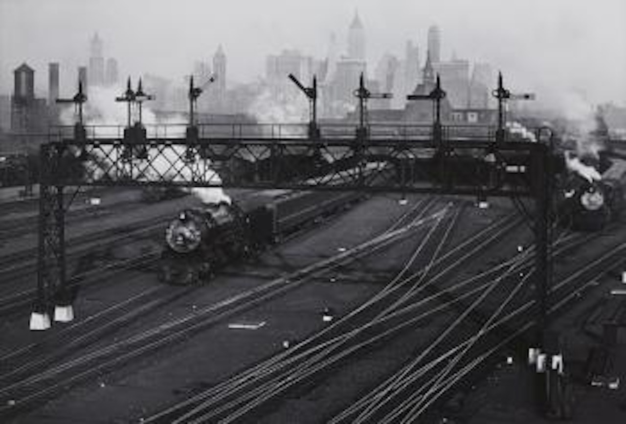 Hoboken Railroad yards looking towards Manhattan, New Jersey by Berenice Abbott