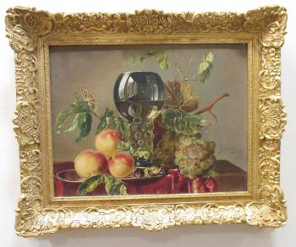 Still life of a Dutch roemer, peaches, figs and grapes on a velvet-draped ledge by Frederick Victor Bailey