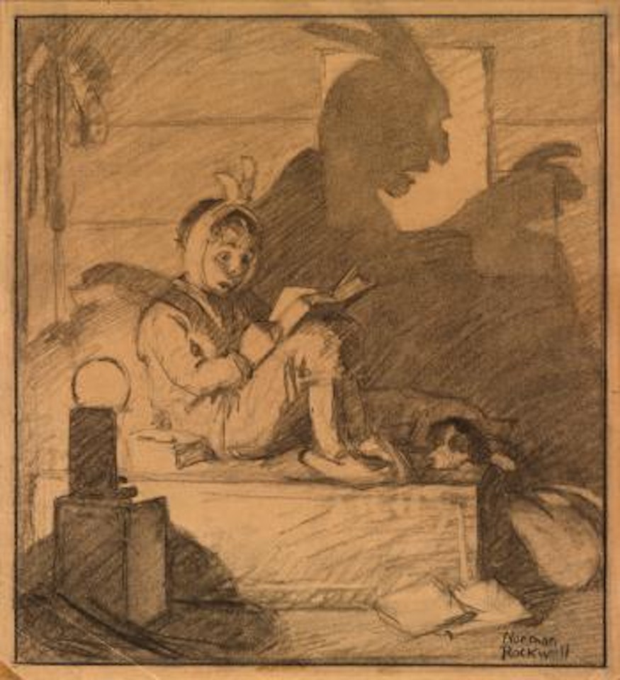 Child reading by lamp light by Norman Rockwell