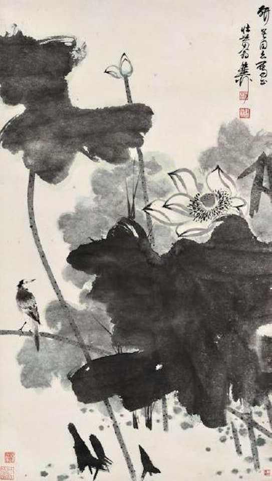 Bird on lotus by Xie Zhiliu