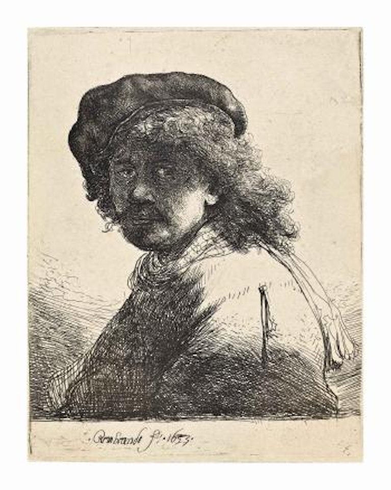 Self-portrait In a Cap And Scarf With Face Dark: Bust by Attributed to Rembrandt Harmensz van Rijn