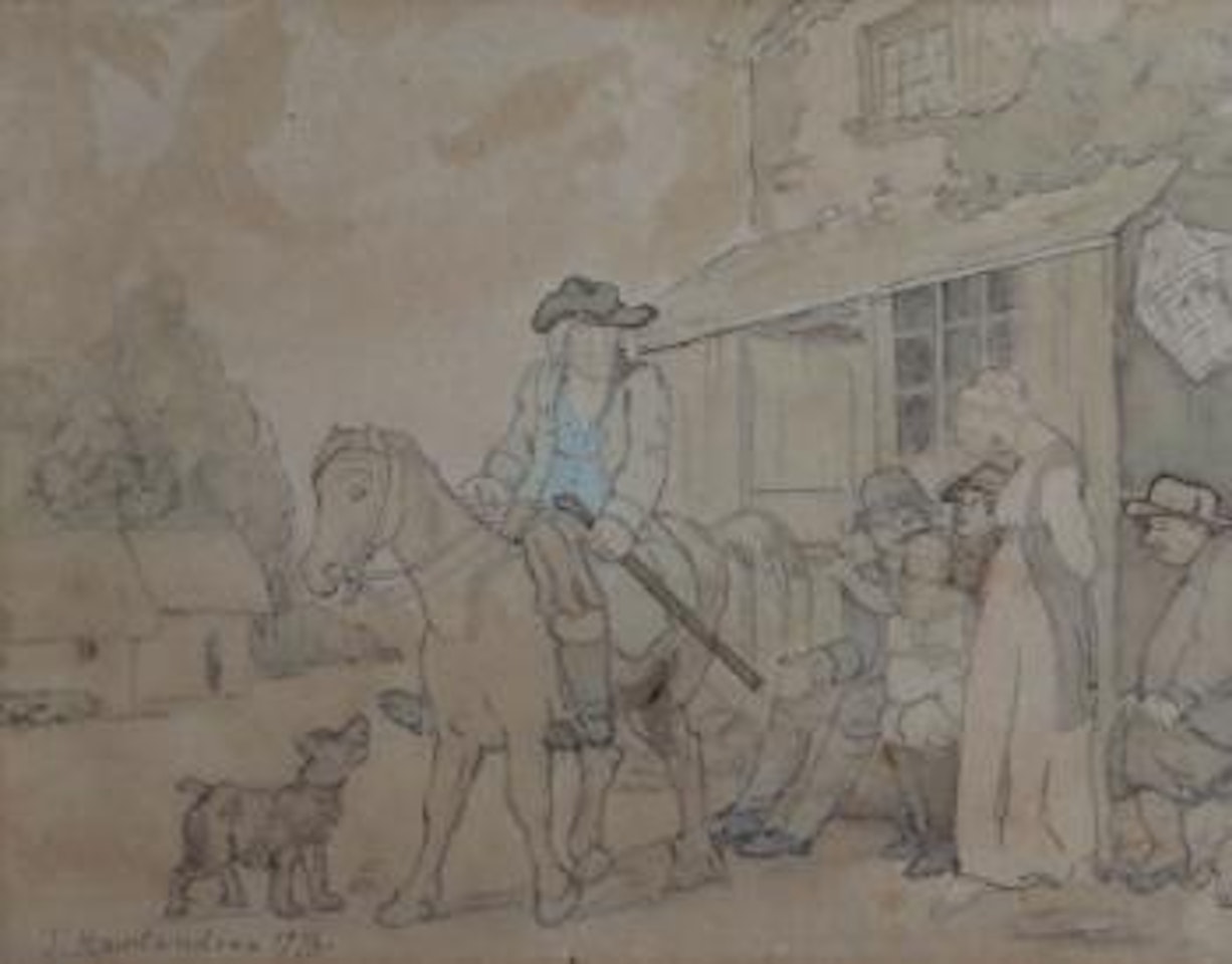 Figure on horse with family and dog in a village by Thomas Rowlandson