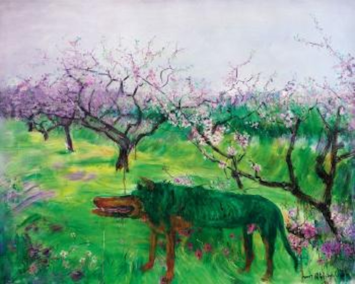 Green Dog with Peach Blossoms by Zhou Chunya
