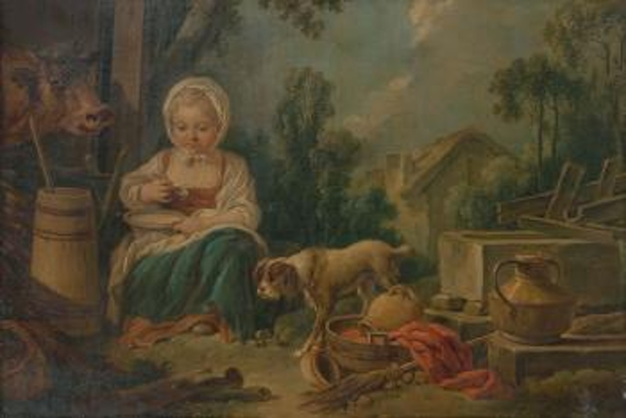 Jeune laitière et son chien près d'une étable by French School