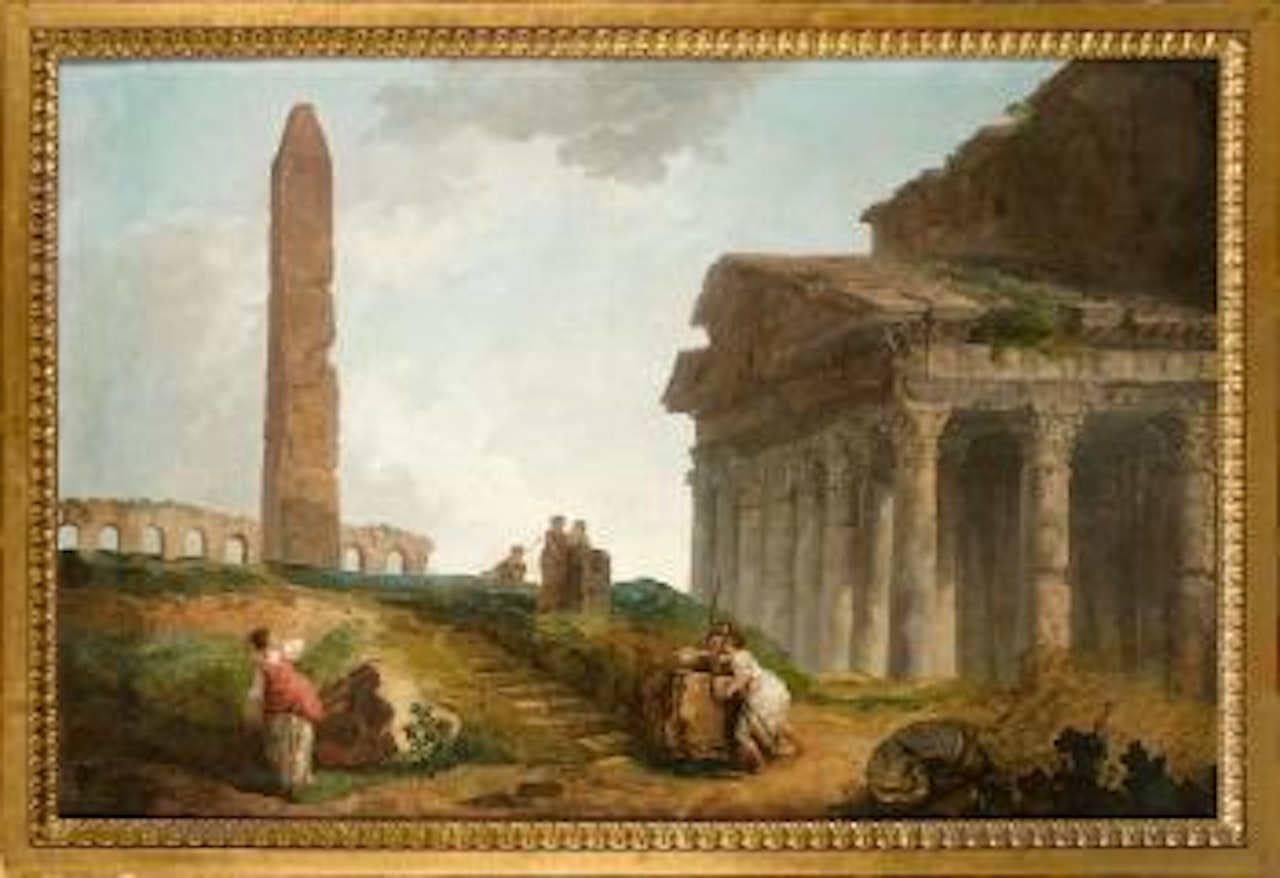 Capriccio : Six personnages près de monuments romains en ruines, le Panthéon, un obélisque et des arcades by Hubert Robert
