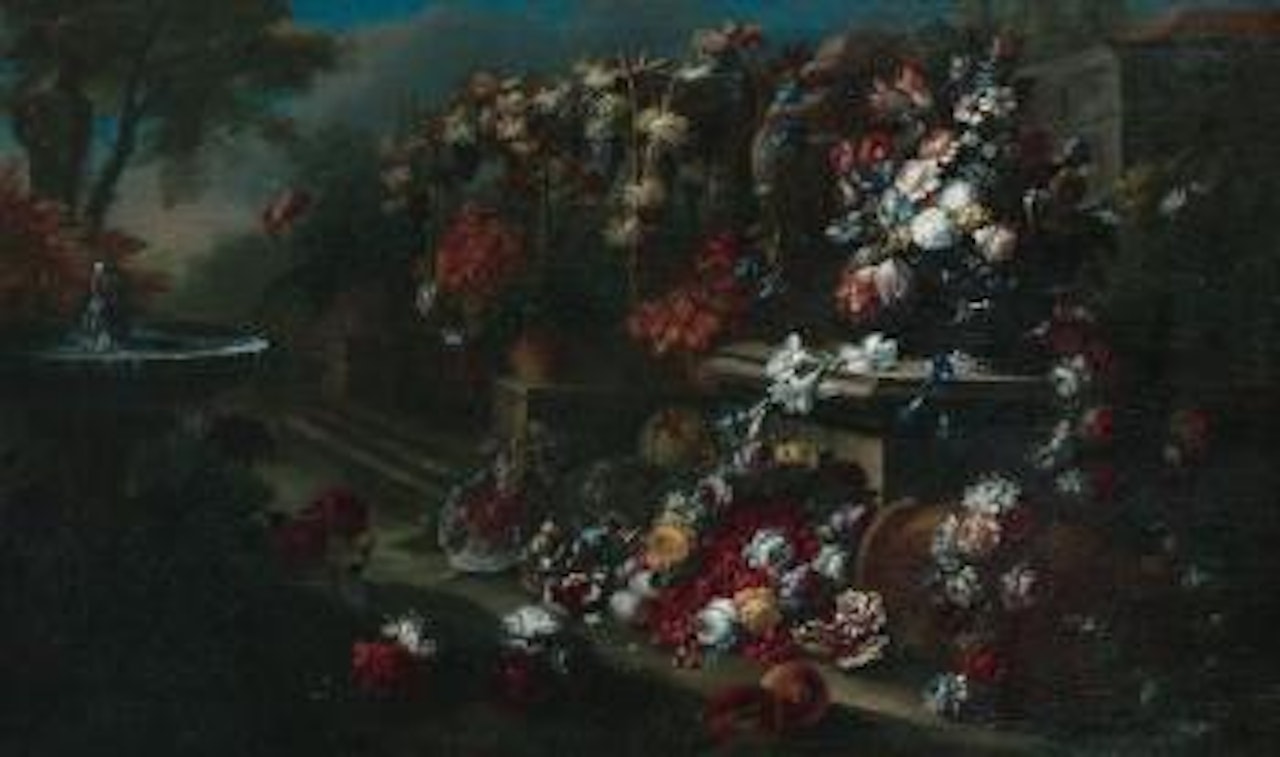 Fleurs et fruits près d'une fontaine dans un parc by Gasparo Lopez