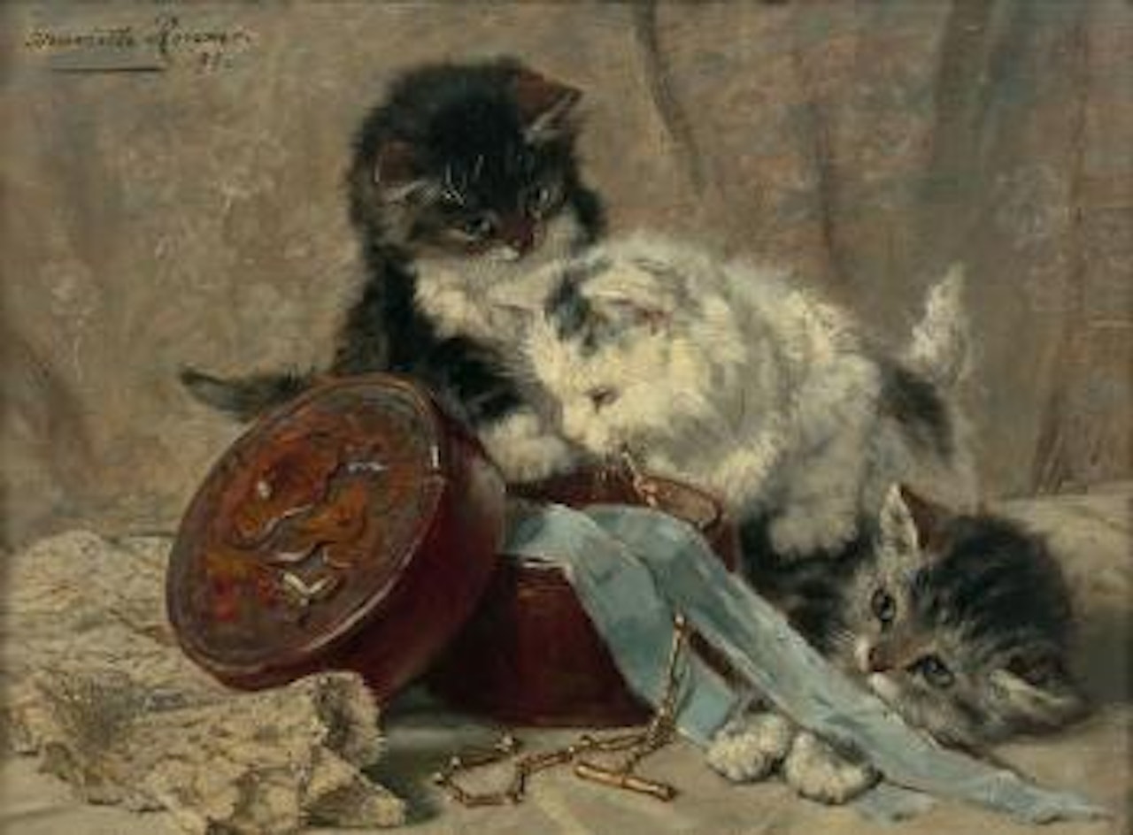 Chatons jouant autour d'un coffret à bijoux by Henriette Ronner-Knip