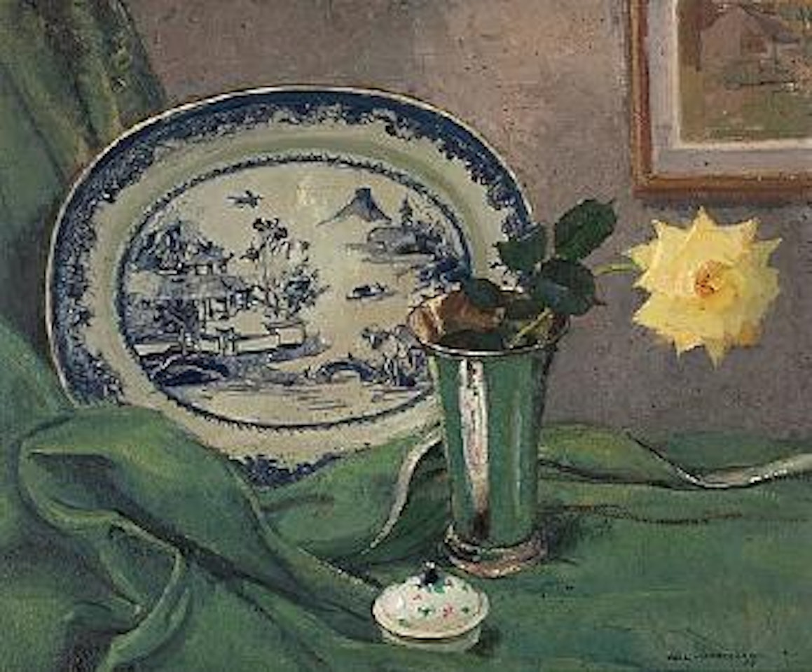 Still life with rose and Chinese porcelain by Olle Hjortzberg