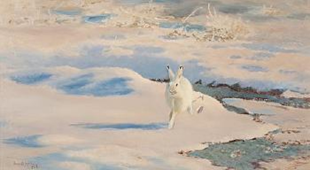 Hare in winter landscape by Bruno Liljefors