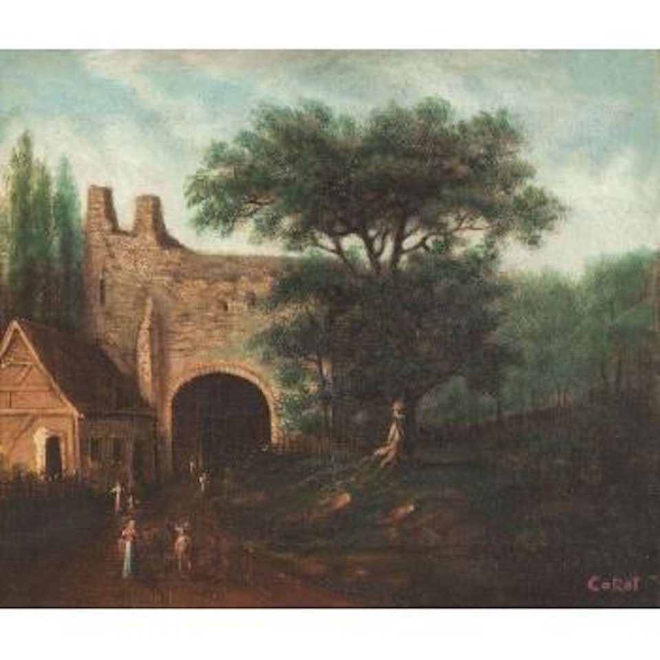 Landscape with ruins and farmers by Jean Baptiste Camille Corot