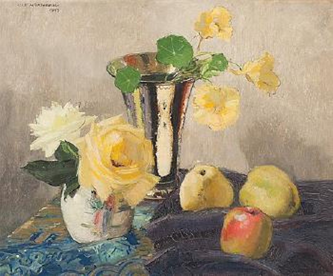 Still life with cress flowers and roses by Olle Hjortzberg