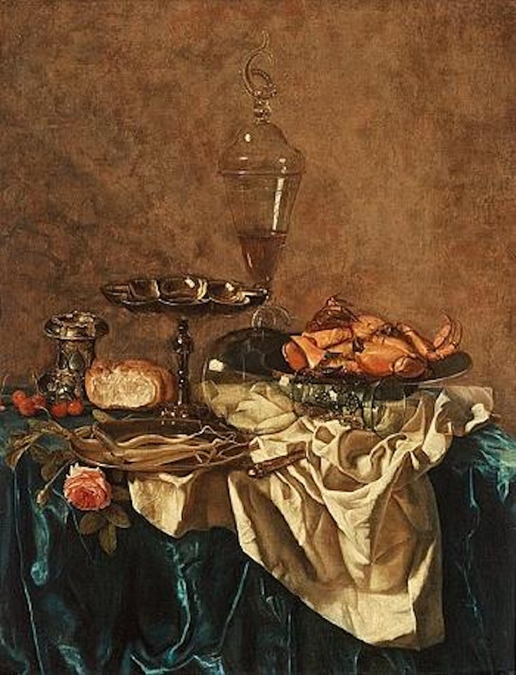 Still life with a crab, glass trophy, a rose and cherries by Willem Claesz Heda